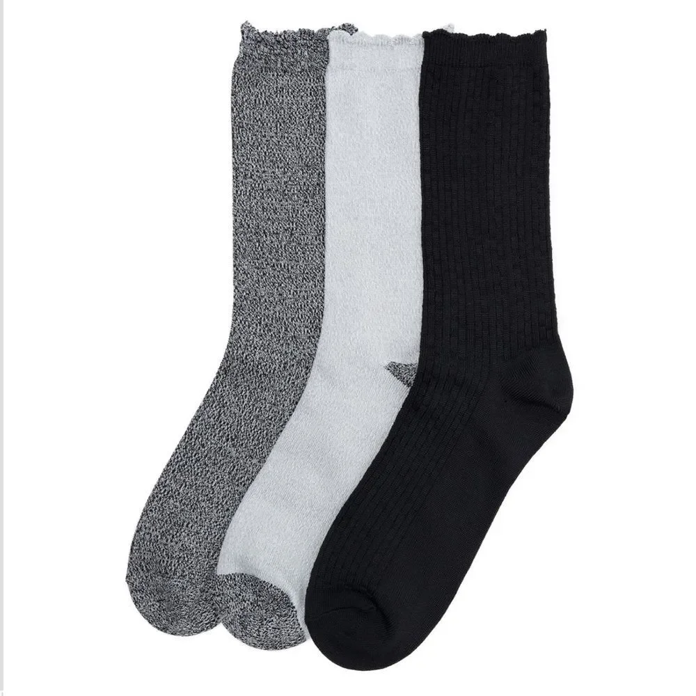 Cuddl Duds Plushfill 3-Pack Midweight Scallop Crew Socks NEW Black